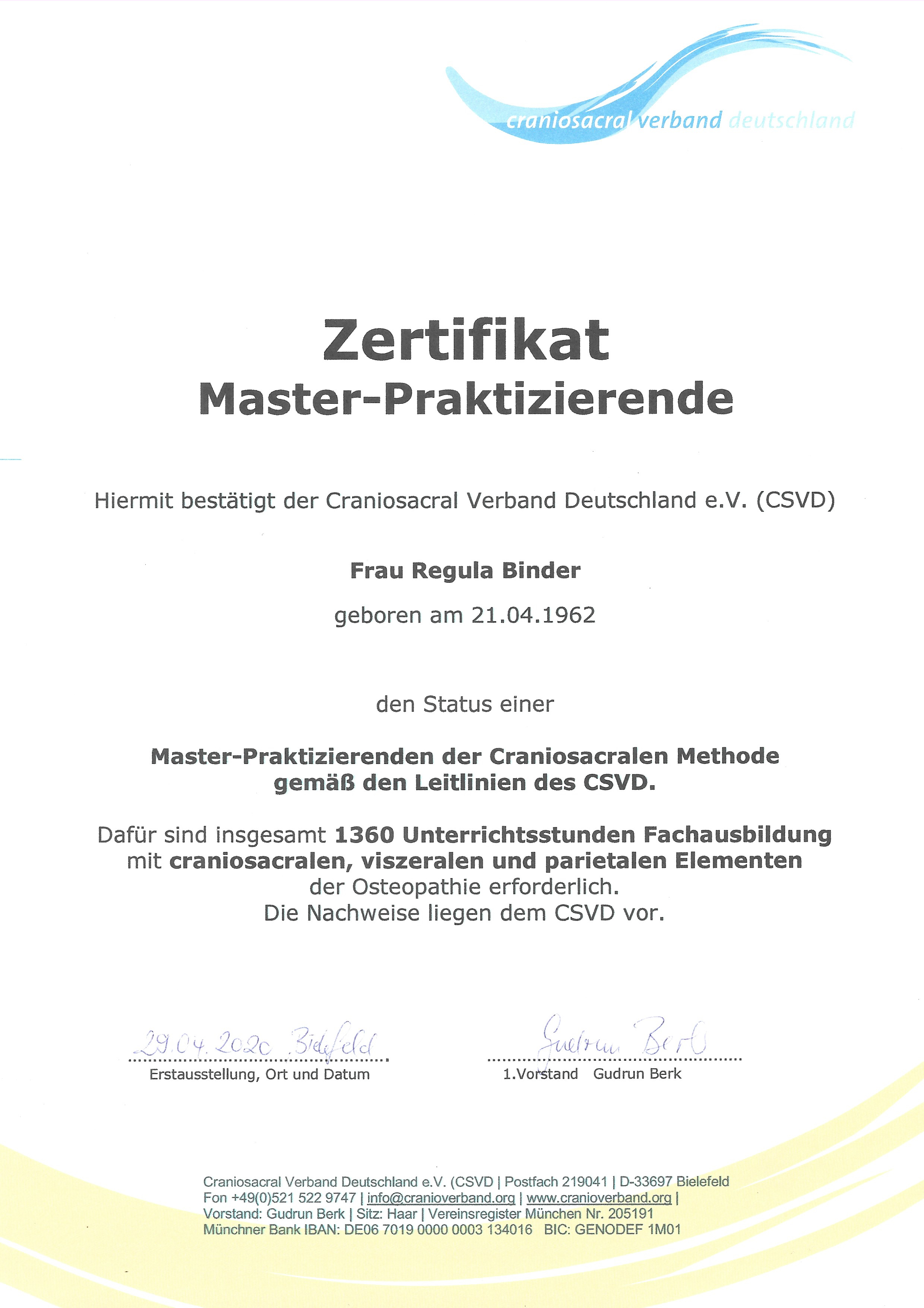 Zertifikat Regula Binder, Master-Praktizierende Craniosacrale Therapie Nürnberg, Craniosacral Verband Deutschland e.V.